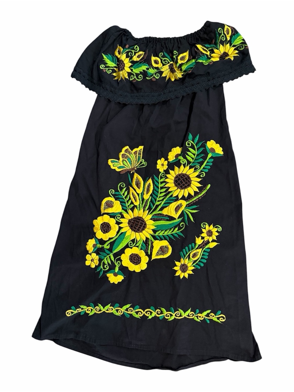 Sunflower Embroidered Mexican Dress chrochet Lace Trim Off-Shoulder knee length - Picture 5 of 7